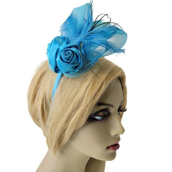 Blue Roses Headband Fascinator with Bows and Blue Feathers - Picture 5 of 15